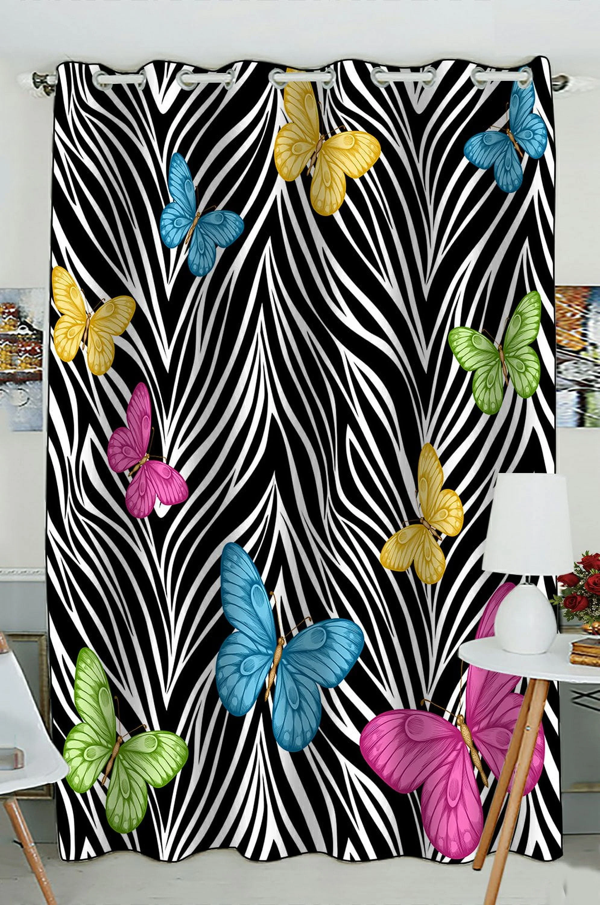 PHFZK Animal Window Curtain, Colorful Butterflies on Zebra Prints Window Curtain Blackout Curtain For Bedroom living Room Kitchen Room 52x84 inches One Piece