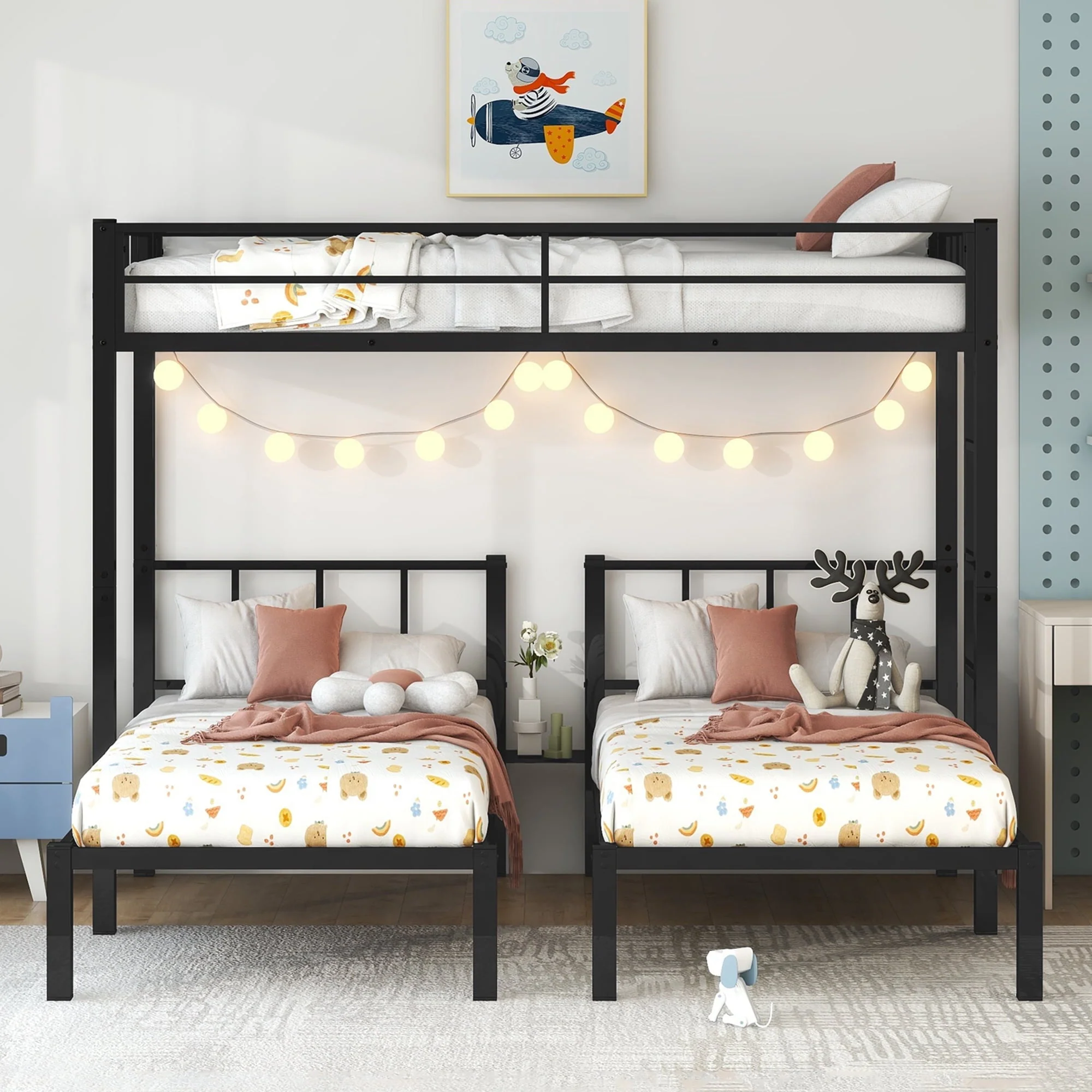 Metal Twin Triple Bunk Bed, Twin over Twin over Twin Bunk Bed for 3 Kids, Noise Reduced Structure, Separates Into 3 Twin Beds, Black