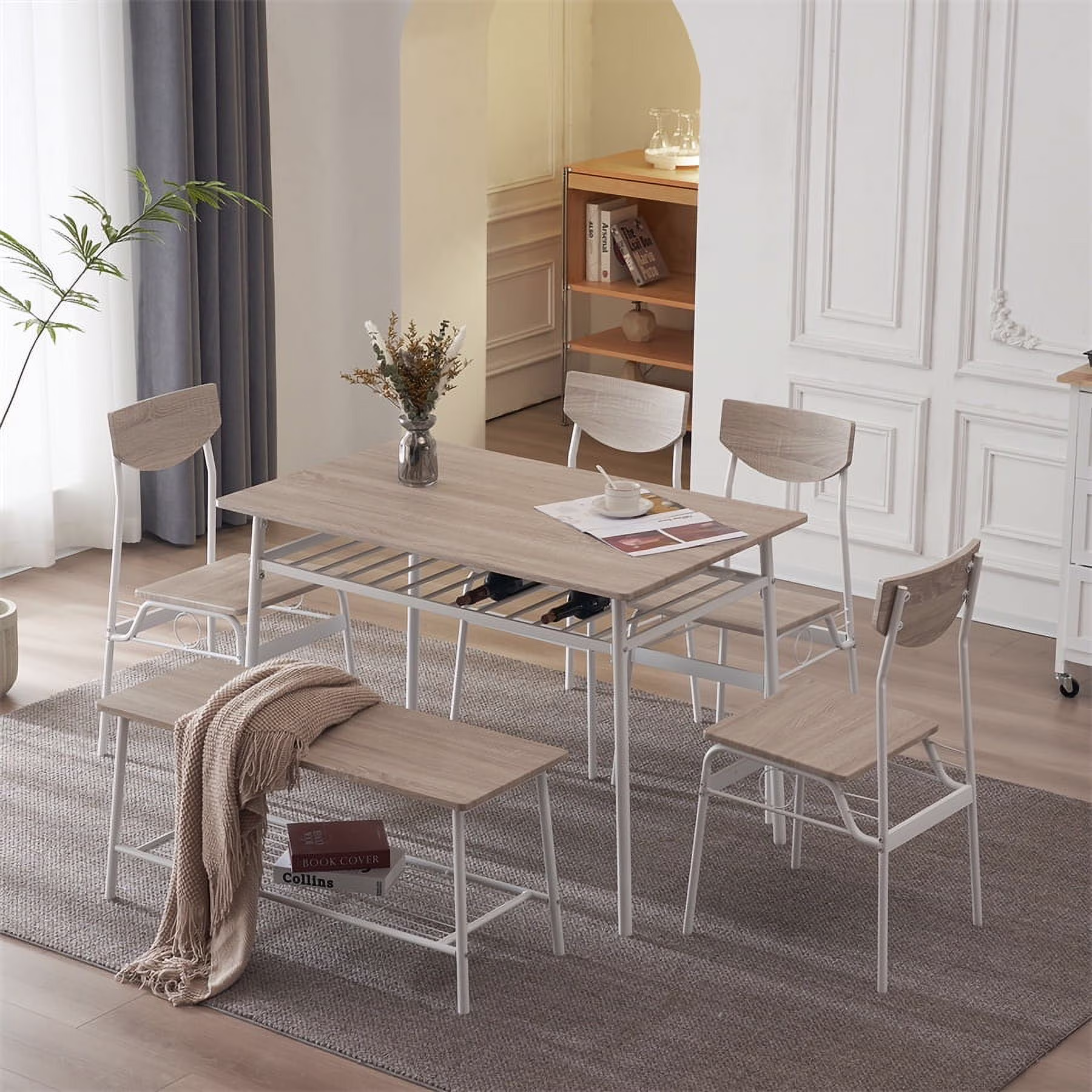 6-Piece Dining Table and Chair Set, Includes 1 Table, 1 Bench and 4 Chairs, Rectangular Kitchen Table and Armless Chairs, Compact Chairs with Curved Backrest for Dining Room