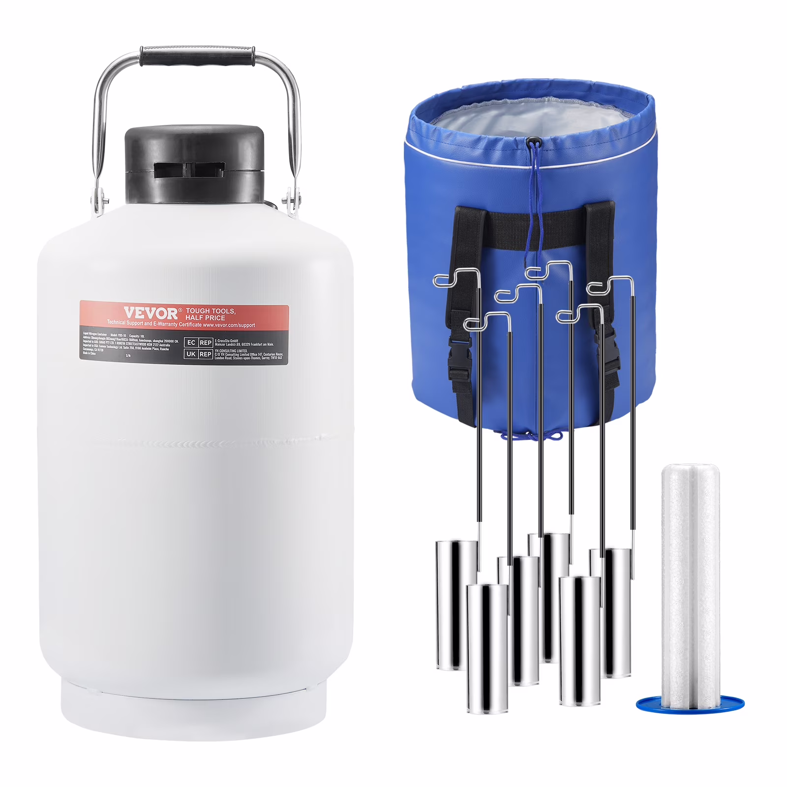 VEVOR Liquid Nitrogen Tank, 10 L Aluminum Alloy Liquid Nitrogen Container, LN2 Tank Dewar with 6 Canisters and Carry Bag with Straps, Cryogenic Tank for Beauty Industry, Semen Preservation