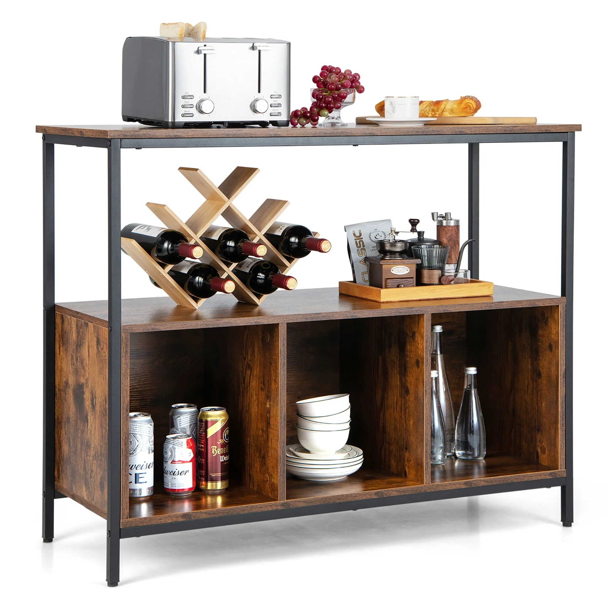 Costway Buffet Sideboard Kitchen Storage Cabinet Open Shelf w/ 3 Compartments Rustic
