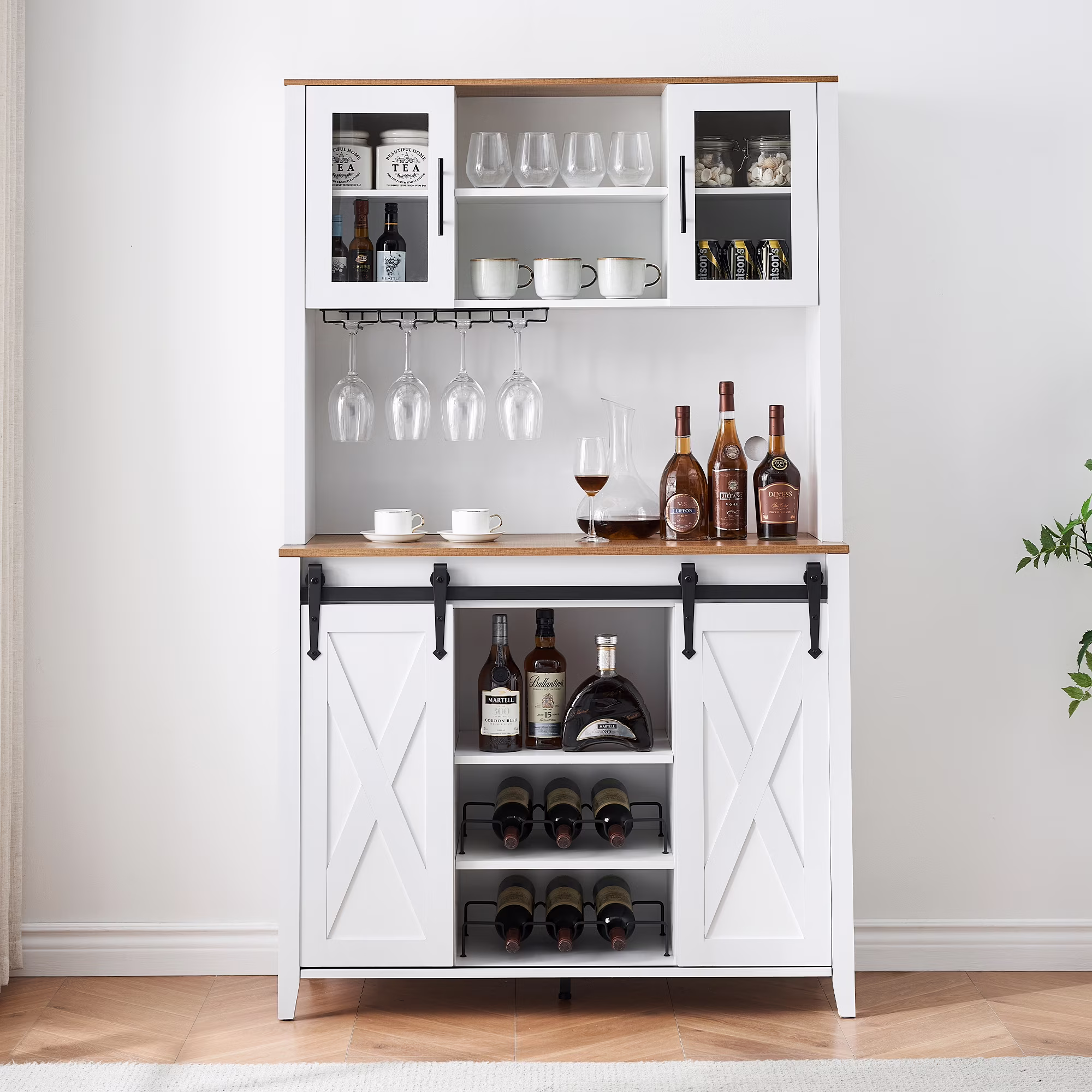 Farmhouse Bar Cabinet with Storage, Kitchen Buffet Cabinet with Sliding Barn Door and 3 Drawers, Coffee Bar with Wine and Glass Rack for Kitchen, Dining Room, White