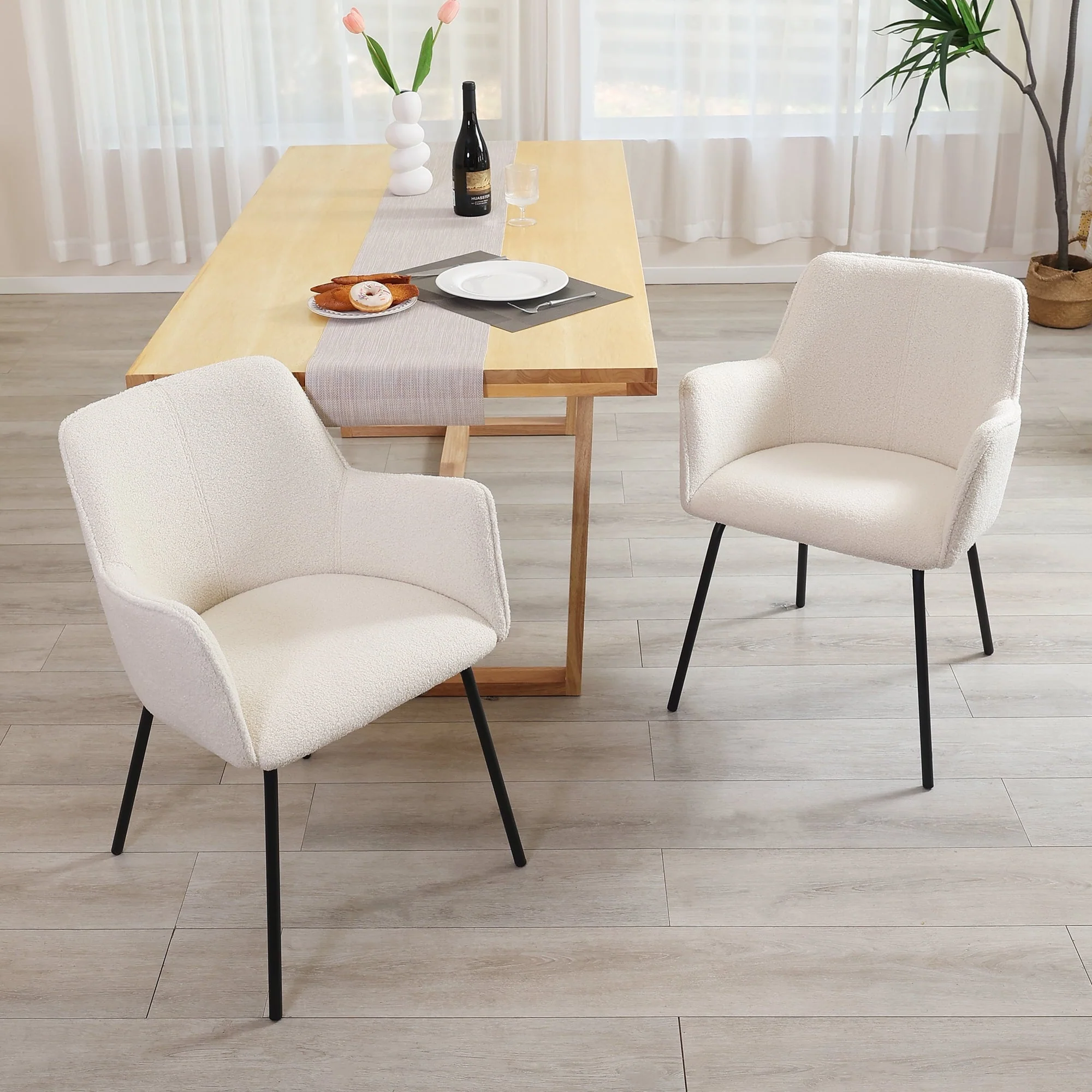 Zesthouse Teddy Sherpa Dining Chairs Set of 2, Modern Boucle Fabric Small Accent Armchairs, Leisure Chairs for Living Dining Room, Cream